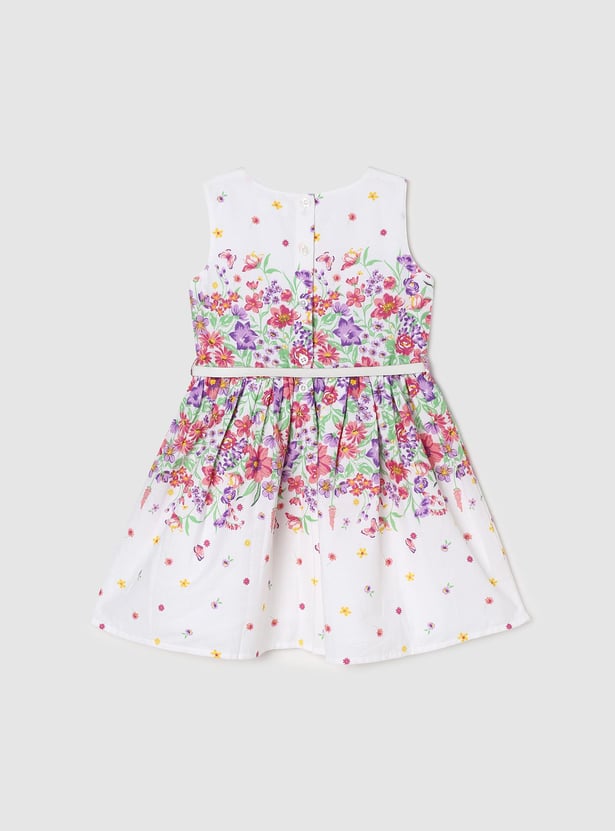 Girls Floral Printed Belted Fit and Flare Dress