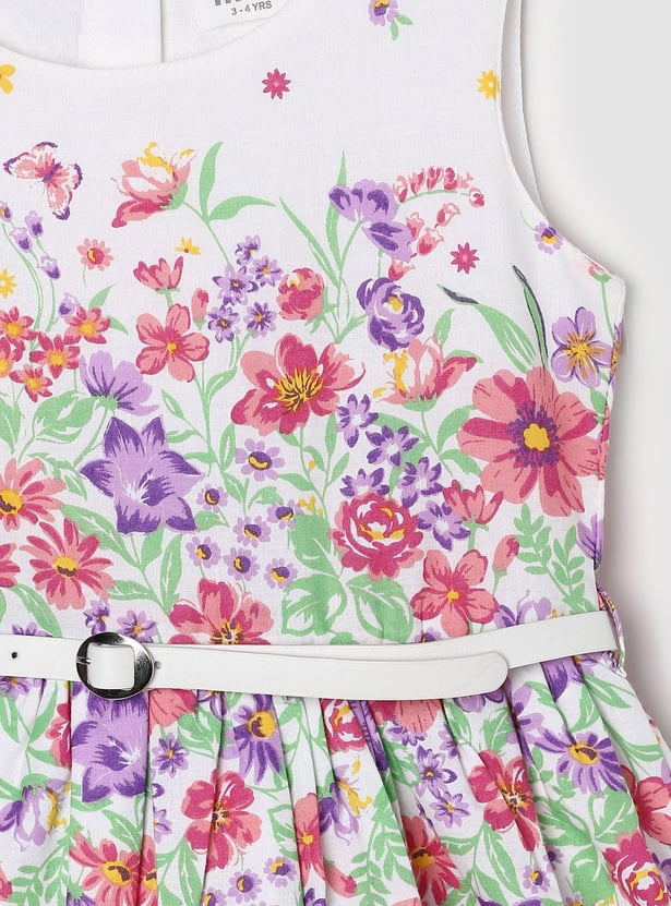 Girls Floral Printed Belted Fit and Flare Dress