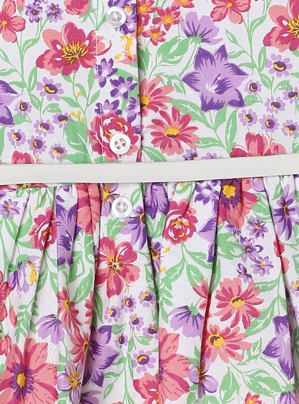 Girls Floral Printed Belted Fit and Flare Dress