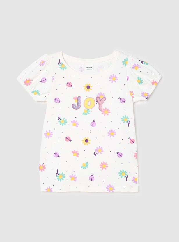 Girls Floral Printed Puffed Sleeve T-shirt