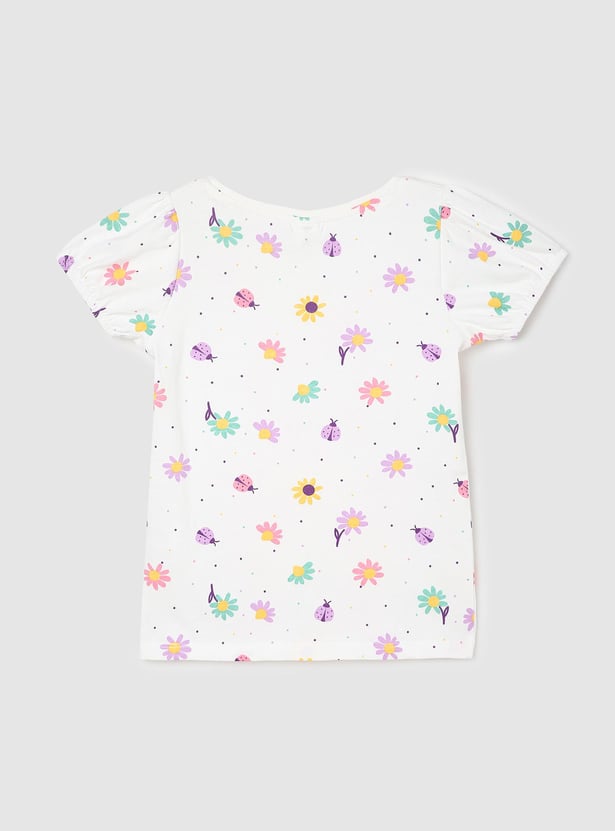 Girls Floral Printed Puffed Sleeve T-shirt