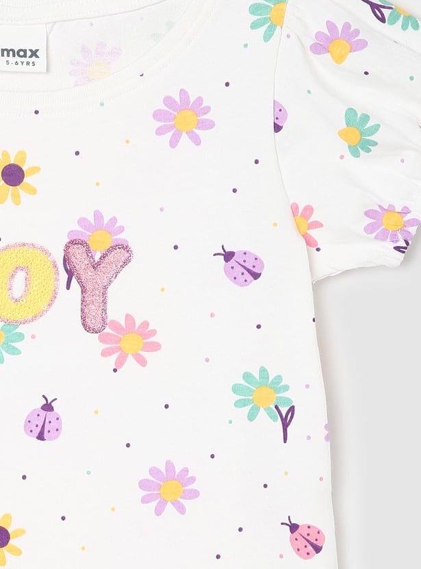 Girls Floral Printed Puffed Sleeve T-shirt