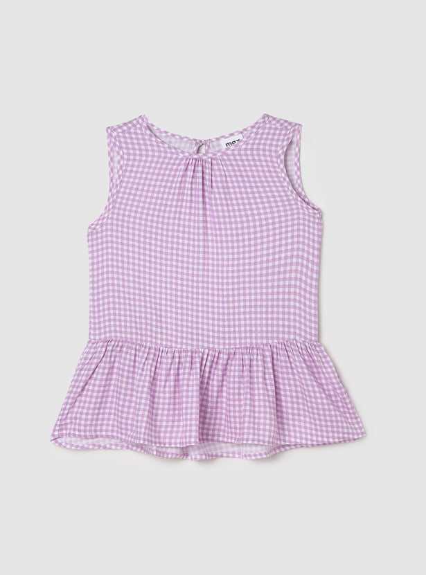 Girls Checked Sleeveless High-Low Casual Top