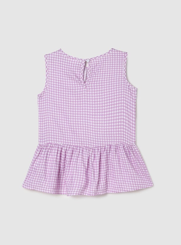 Girls Checked Sleeveless High-Low Casual Top
