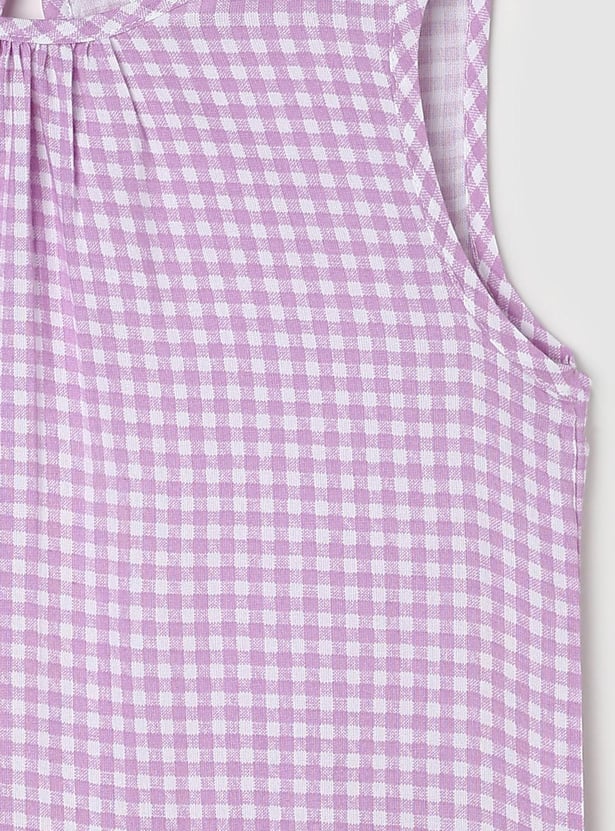Girls Checked Sleeveless High-Low Casual Top