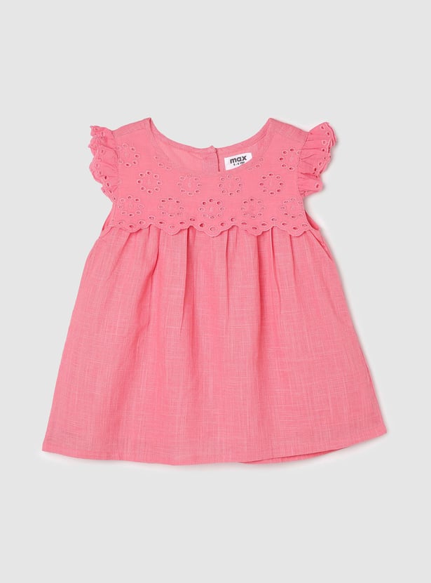 Girls Schiffli Detailed Flutter Sleeves Woven Top