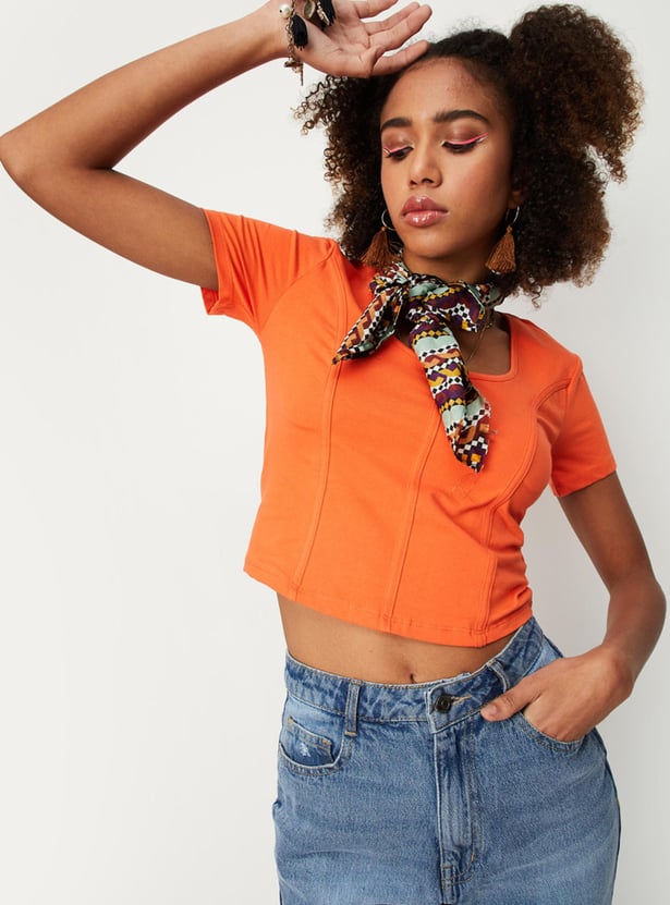 Women Textured Round Neck Corset Top