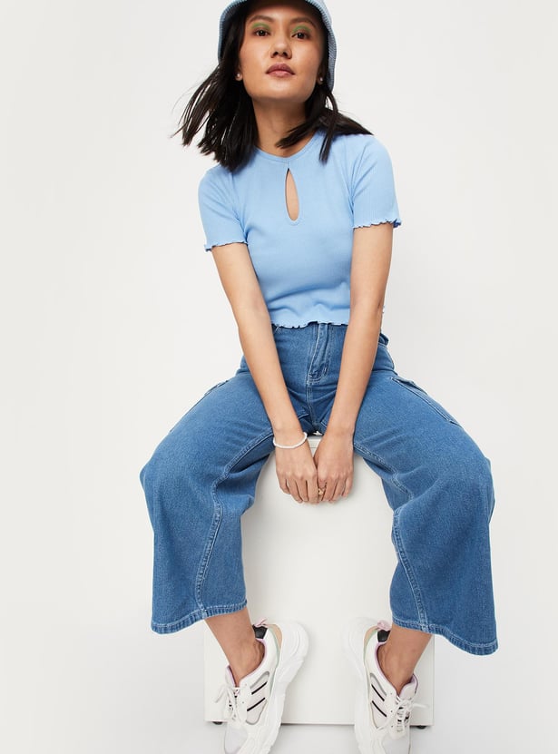 Women Ribbed Cut-Out Crop Top