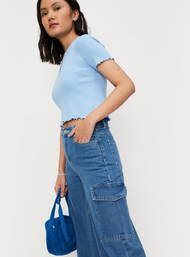 Women Ribbed Cut-Out Crop Top