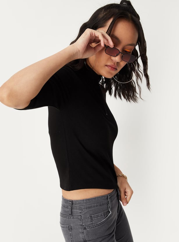 Women Ribbed Zip Crop T-shirt