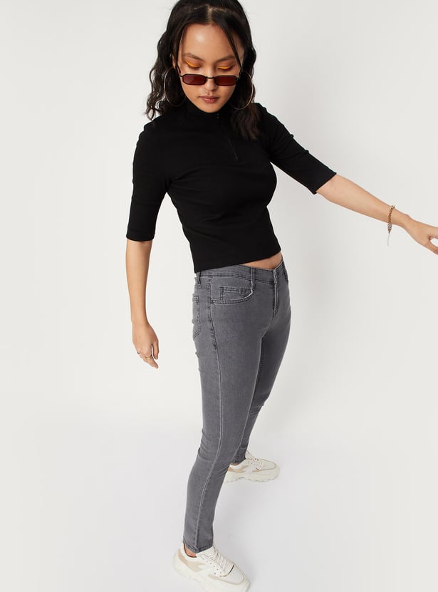 Women Ribbed Zip Crop T-shirt