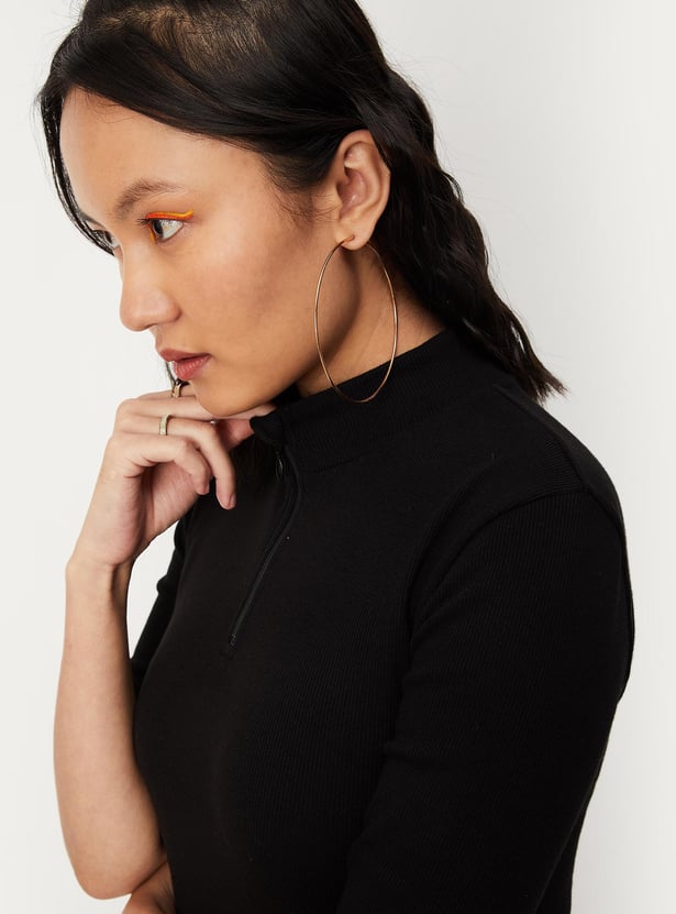 Women Ribbed Zip Crop T-shirt