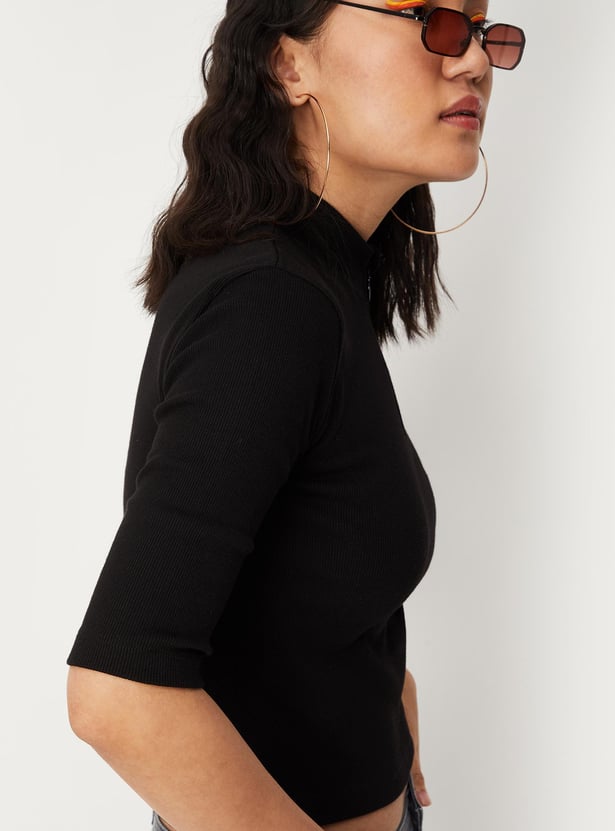 Women Ribbed Zip Crop T-shirt