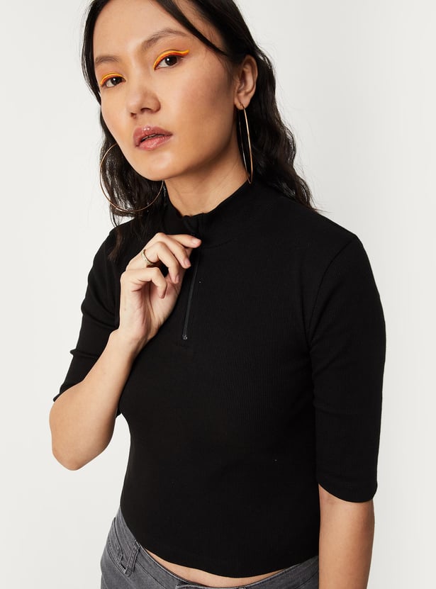 Women Ribbed Zip Crop T-shirt