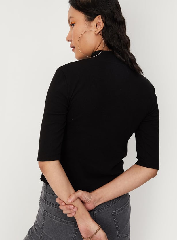 Women Ribbed Zip Crop T-shirt