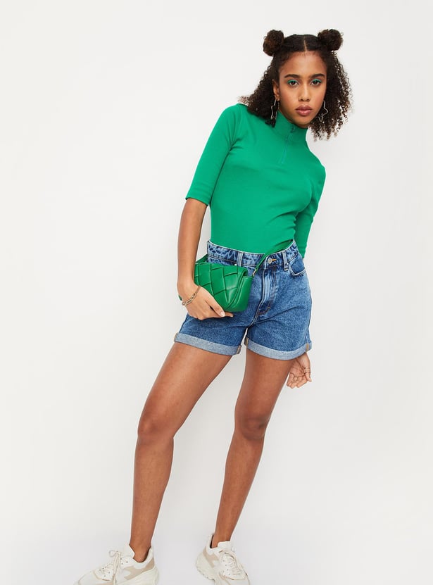 Women Ribbed Zip Crop T-shirt