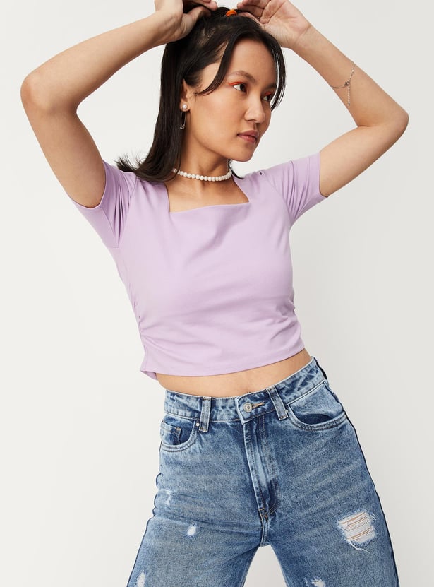Women Solid Square Neck Crop T-shirt