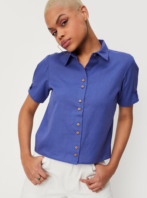 Women Solid Spread Collar Cropped Casual Shirt