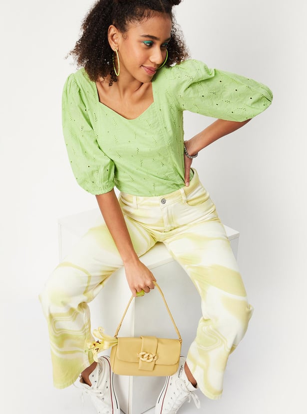 Women Schiffli Puffed Sleeve Crop Top