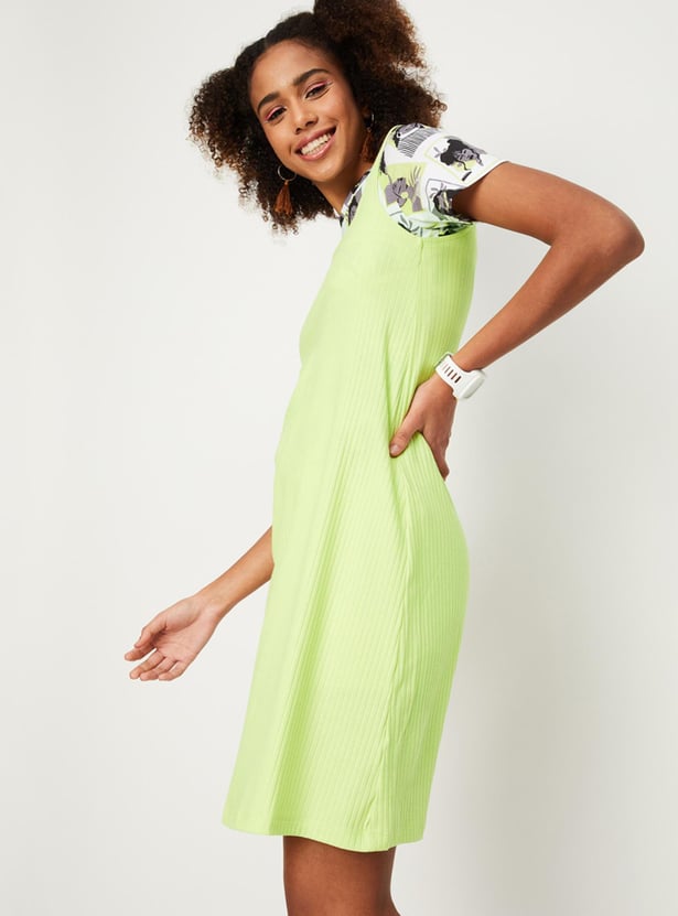Women Pinafore Knit Dress with Printed T-shirt