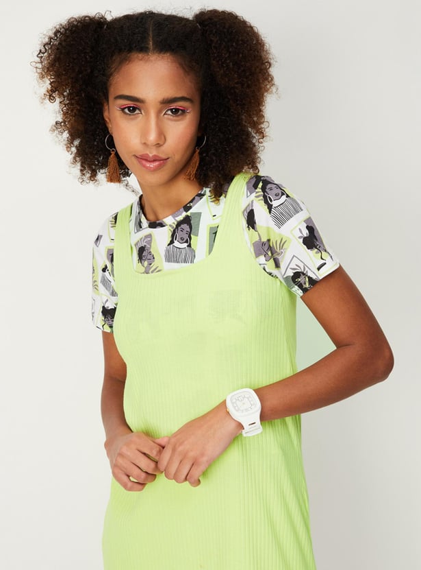Women Pinafore Knit Dress with Printed T-shirt