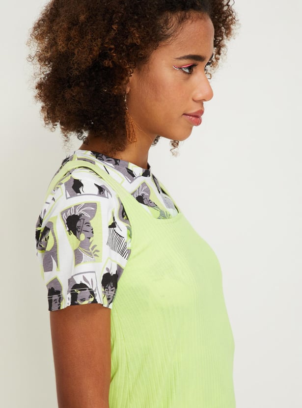 Women Pinafore Knit Dress with Printed T-shirt