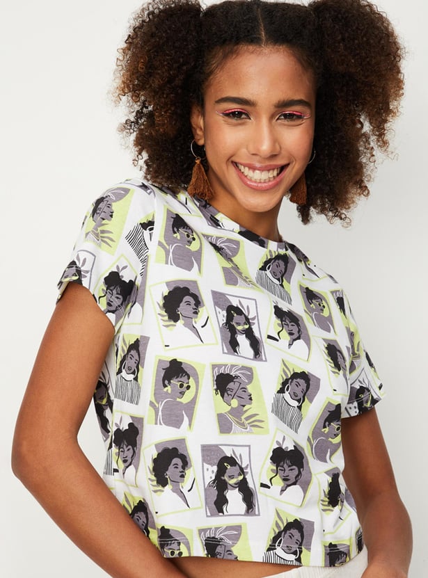 Women Pinafore Knit Dress with Printed T-shirt