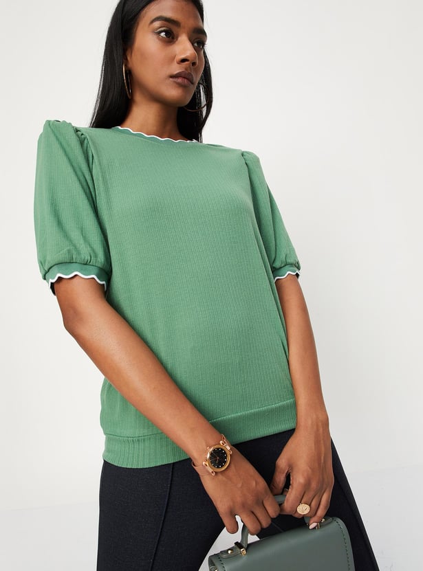 Women Pointelle Knit Scalloped Top