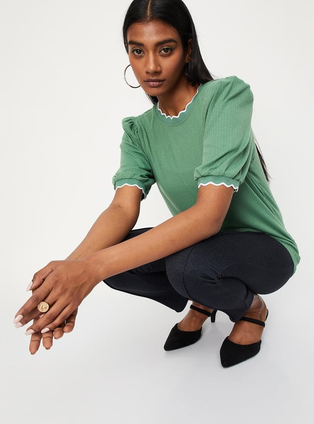 Women Pointelle Knit Scalloped Top
