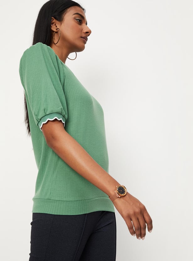 Women Pointelle Knit Scalloped Top