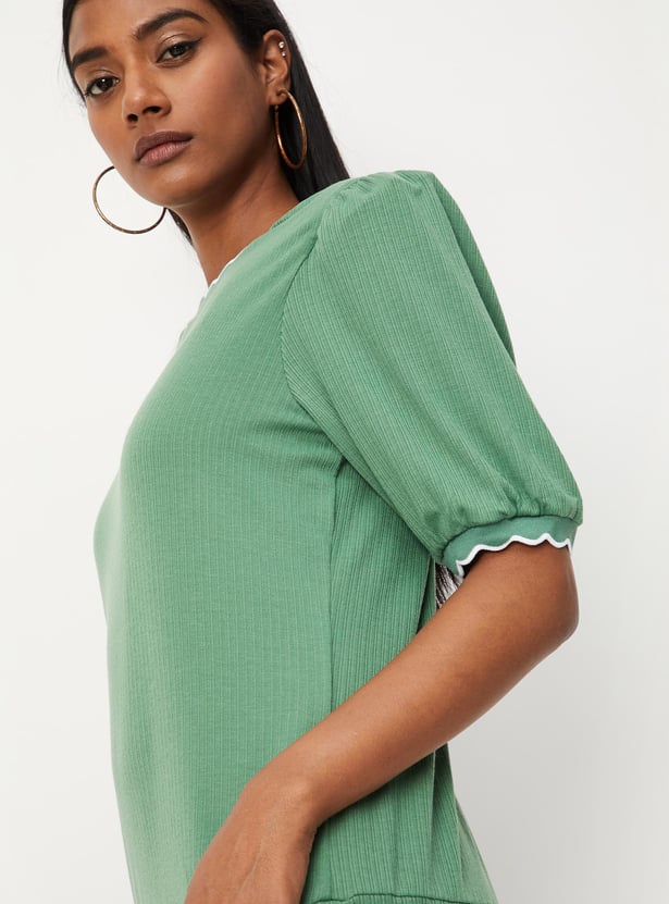 Women Pointelle Knit Scalloped Top