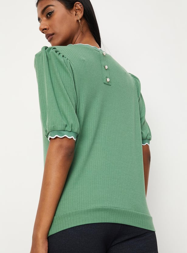 Women Pointelle Knit Scalloped Top