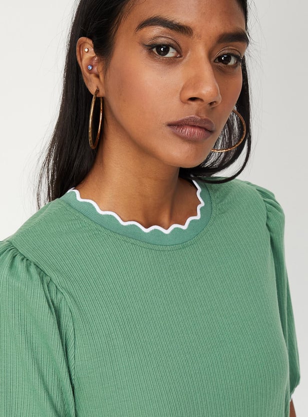 Women Pointelle Knit Scalloped Top