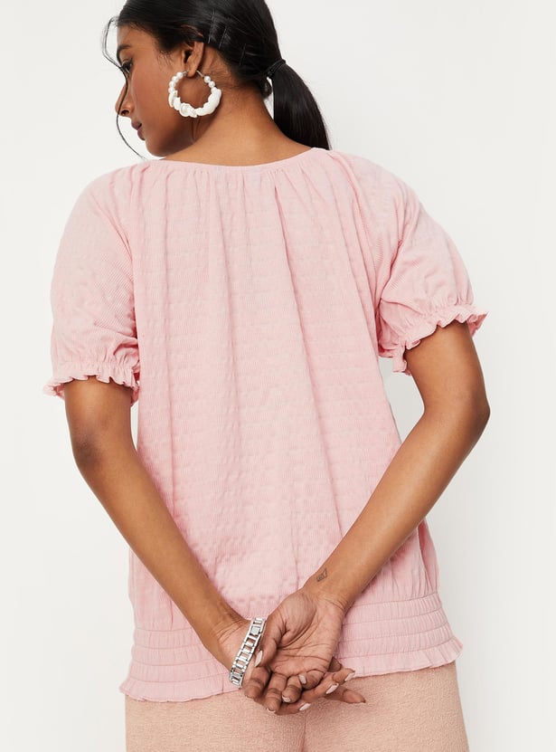 Women Smocked Hem Casual Top