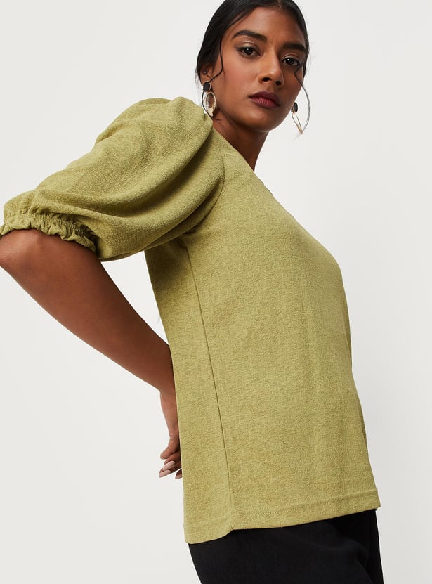 Women Knitted Top with Puffed Sleeves