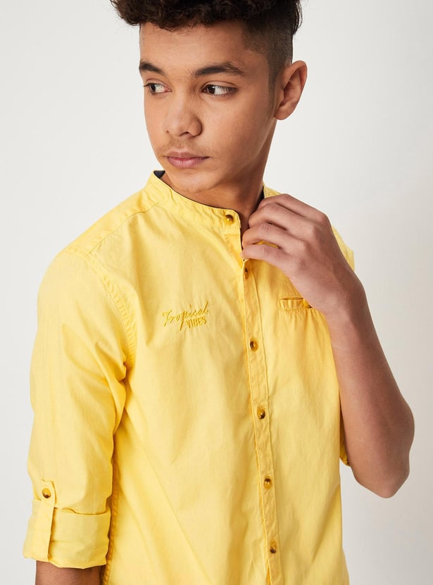 Boys Solid Band Collar Casual Shirt