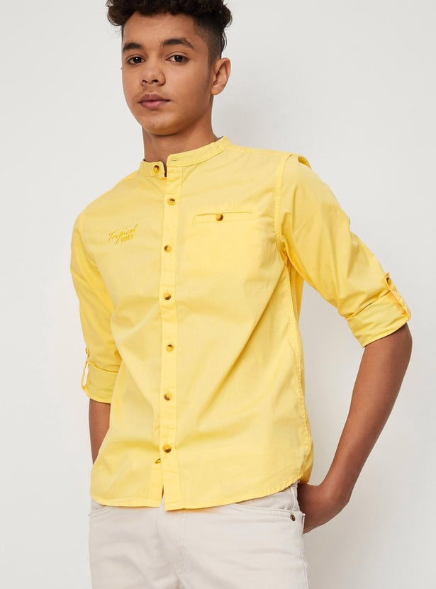 Boys Solid Band Collar Casual Shirt