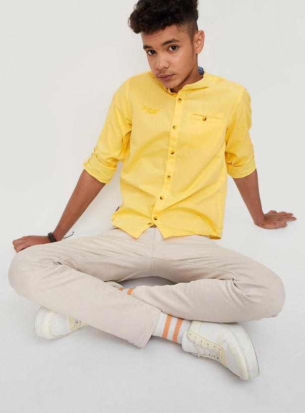 Boys Solid Band Collar Casual Shirt