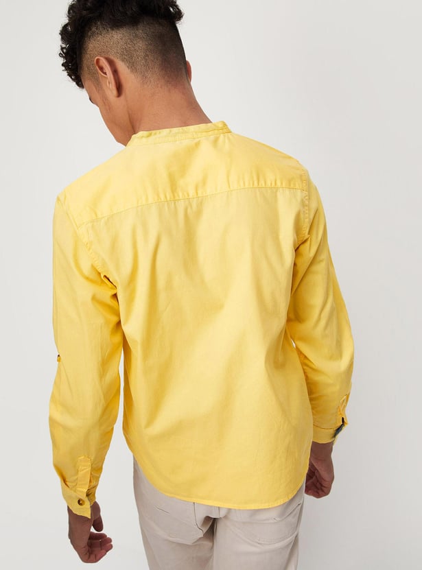 Boys Solid Band Collar Casual Shirt