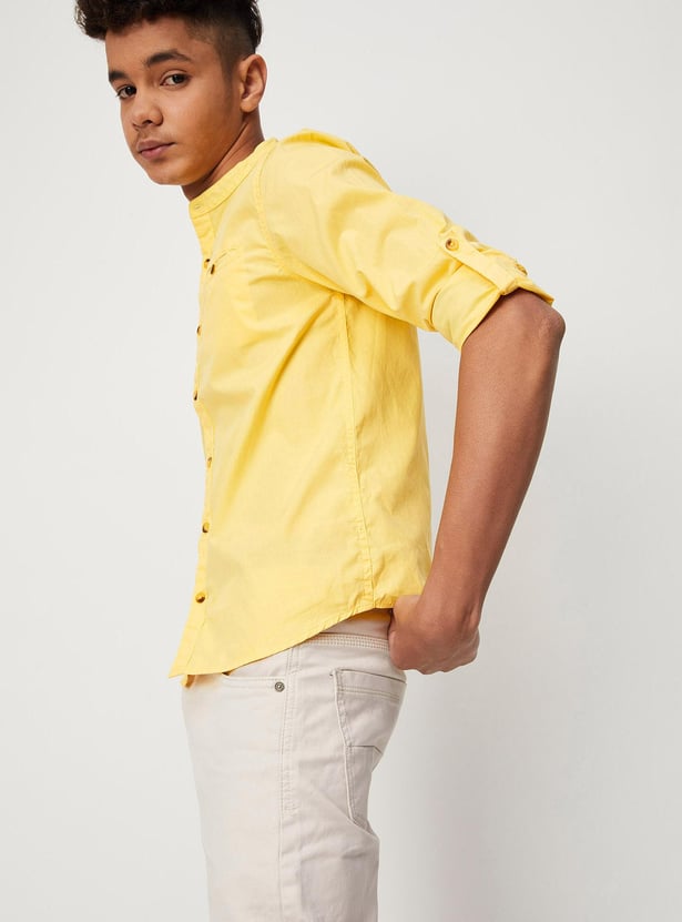 Boys Solid Band Collar Casual Shirt