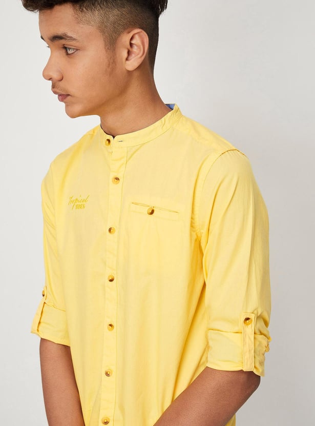 Boys Solid Band Collar Casual Shirt