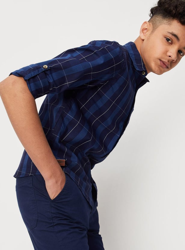 Boys Checked Rolled-Up Sleeves Casual Shirt