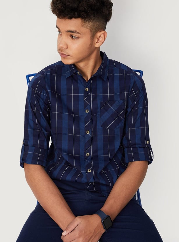 Boys Checked Rolled-Up Sleeves Casual Shirt