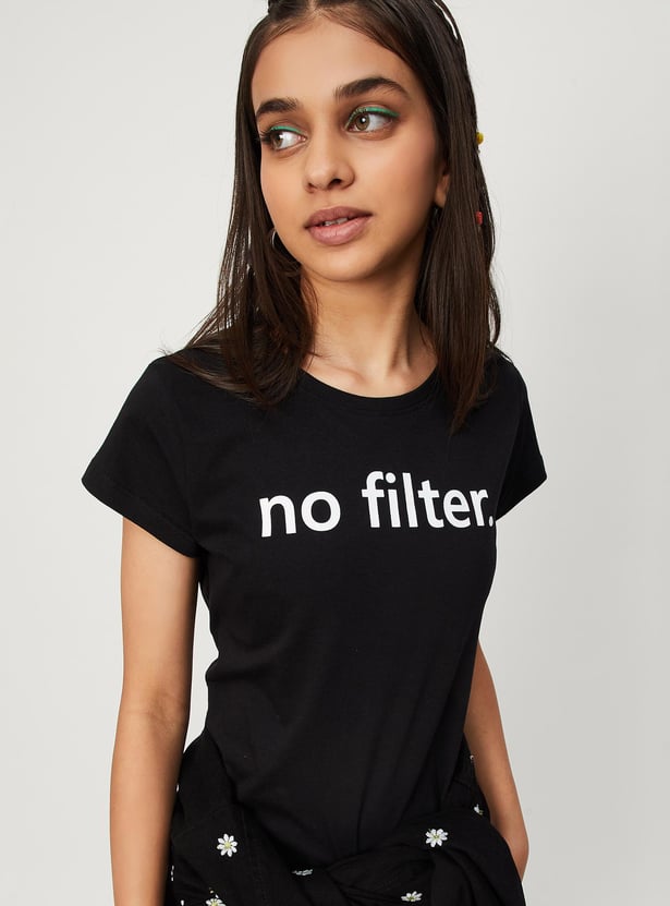 Girls Pure Cotton Typographic Printed T-shirt