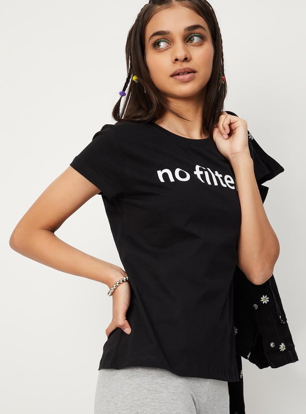 Girls Pure Cotton Typographic Printed T-shirt