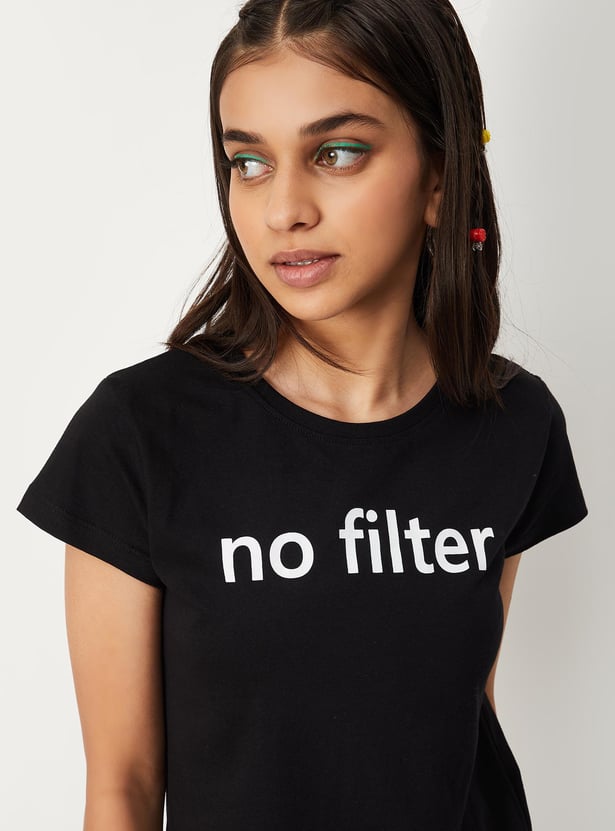 Girls Pure Cotton Typographic Printed T-shirt