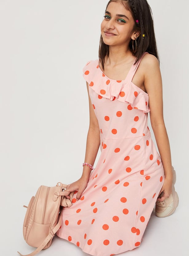 Girls Printed One-Shoulder Ruffle Dress