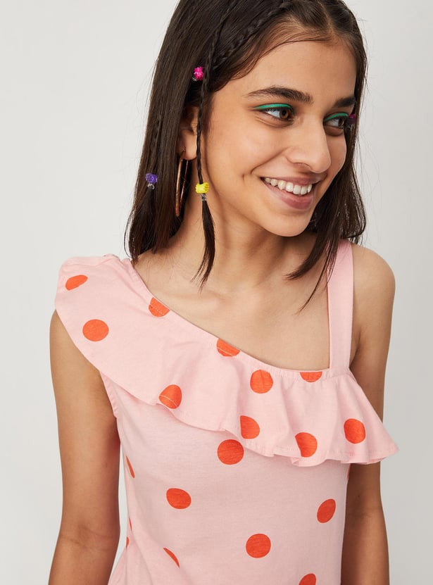 Girls Printed One-Shoulder Ruffle Dress