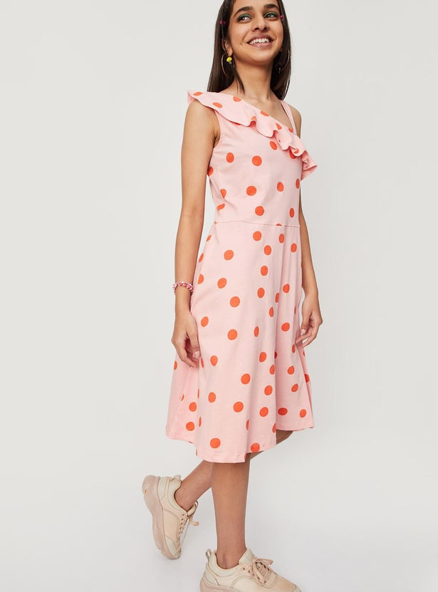 Girls Printed One-Shoulder Ruffle Dress