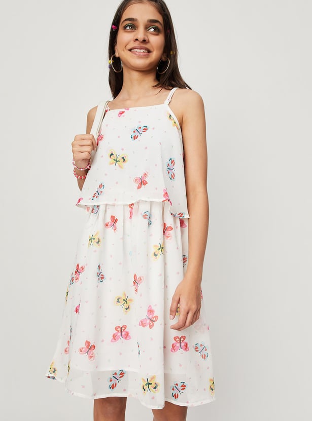 Girls Floral Print Strappy Dress